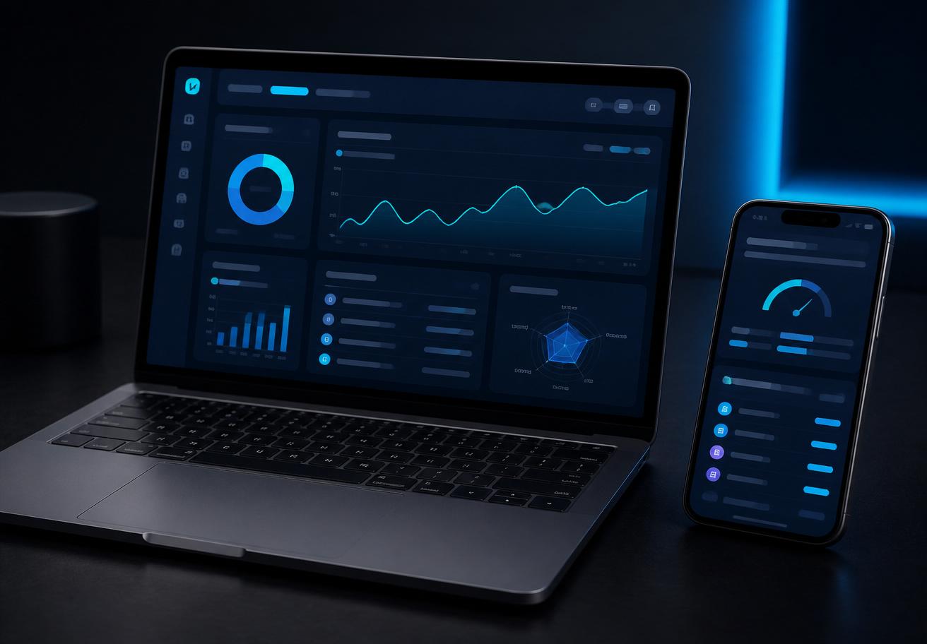 Notebook e celular exibindo o painel e o relatório de consulta da plataforma Nova DD Positivo