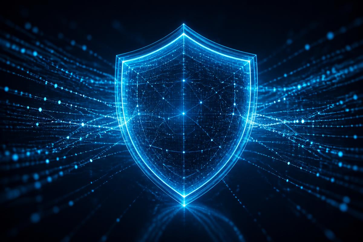 Escudo digital protegendo fluxos de dados criptografados